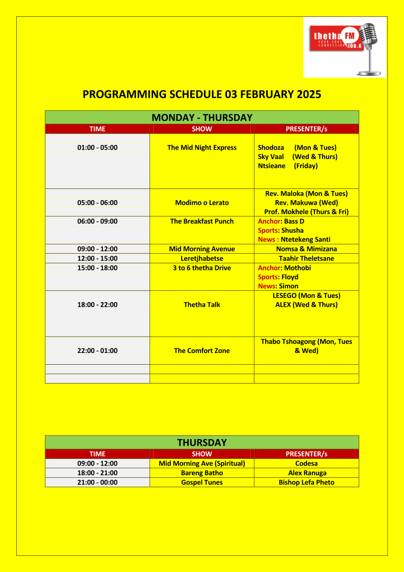 THETHA FM SCHEDULE