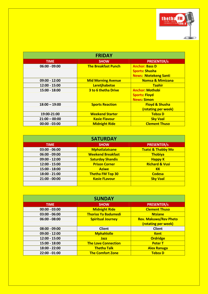 THETHA FM SCHEDULE
